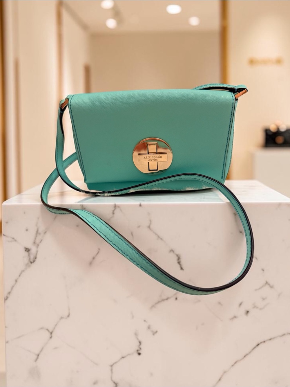 Kate Spade Mint Green Leather Crossbody Bag w/Multicolored Striped Interior GUC